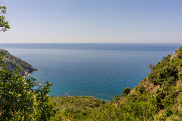 Fototapeta na wymiar Italy, Cinque Terre, Corniglia, a close up of a hillside next to a body of water