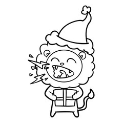 line drawing of a roaring lion with gift wearing santa hat