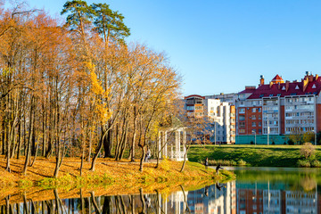 Fototapeta na wymiar Scenic view of the pond and autumn park, golden autumn, beautiful landscape. Park Belkino, Obninsk, Russia