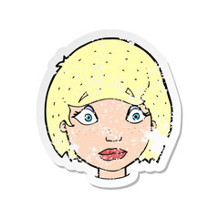 retro distressed sticker of a cartoon worried female face