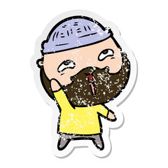 distressed sticker of a cartoon happy bearded man