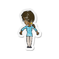 retro distressed sticker of a cartoon woman shrugging shoulders