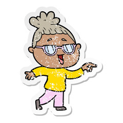 distressed sticker of a cartoon happy woman wearing spectacles