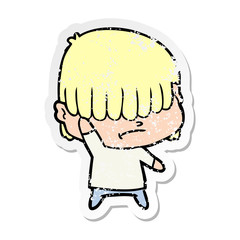 distressed sticker of a cartoon boy with untidy hair