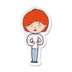 sticker of a cartoon woman making Who Me gesture