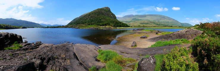 Naklejka na ściany i meble Panoramic view of Upper Lake and peaks in Killarney National Park, Ring of Kerry, Ireland