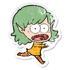 distressed sticker of a cartoon shocked elf girl