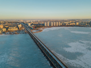 Evening winter Voronezh, Northern bridge, aerial view