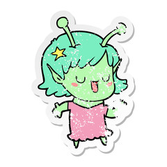 distressed sticker of a happy alien girl cartoon