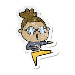distressed sticker of a cartoon woman wearing spectacles