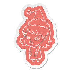 cartoon  sticker of a elf girl with pointy ears wearing santa hat
