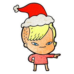 cute textured cartoon of a girl with hipster haircut wearing santa hat