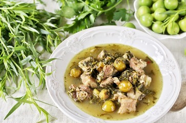 green plum  with Meat stew and greens. Georgian dish 