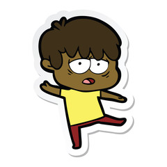 sticker of a cartoon exhausted boy