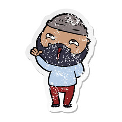 distressed sticker of a cartoon happy bearded man