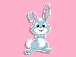 Cute Cartoon Rabbit Sticker on color background. Vector Illustration With Cartoon Style Funny Animal