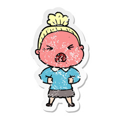 distressed sticker of a cartoon angry old woman