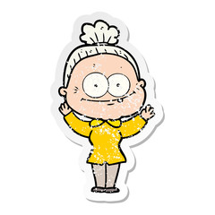 distressed sticker of a cartoon happy old woman