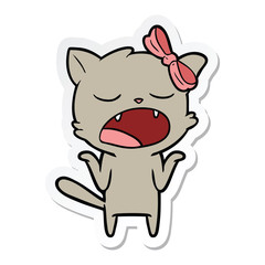 sticker of a cartoon yawning cat shrugging shoulders