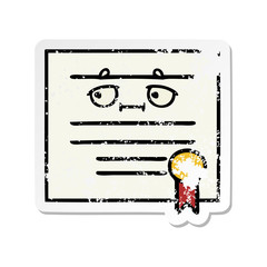 distressed sticker of a cute cartoon graduation diploma