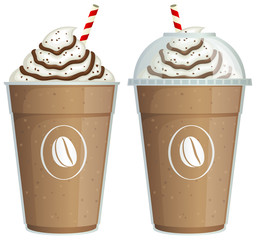Vector illustration of a frappe coffee drink in a take-out cup, with and without a plastic lid.