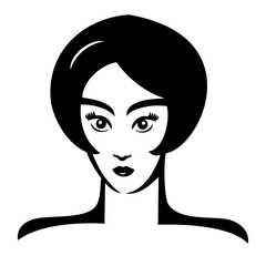 Vector Illustration of young face girl. Black and white portrait in a modern style design. Graphic icon of a women head.