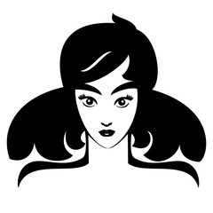 Vector Illustration of young face girl. Black and white portrait in a modern style design. Graphic icon of a women head.