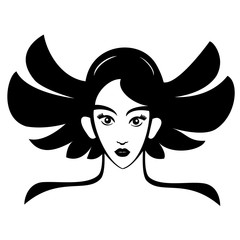 Vector Illustration of young face girl. Black and white portrait in a modern style design. Graphic icon of a women head.