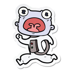 sticker of a cartoon weird alien running away