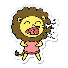 sticker of a cartoon roaring lion in dress