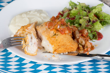Chicken Cordon Bleu with Salad and Potatoes on Bavarian Colors