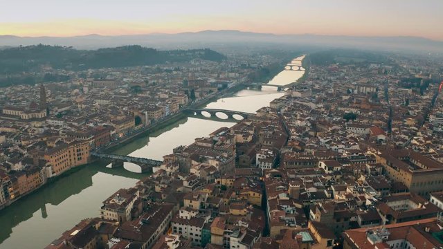 Picturesque aerial shot of bridges over the Arno river in Florence, Italy