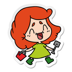 sticker cartoon of cute kawaii girl with bucket and spade