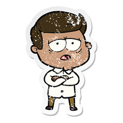 distressed sticker of a cartoon tired man
