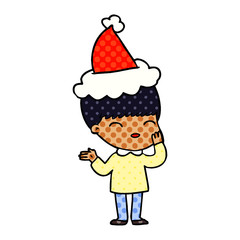 happy comic book style illustration of a boy wearing santa hat