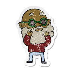 distressed sticker of a cartoon curious man with beard and sunglasses
