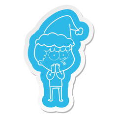 cartoon  sticker of a curious boy wearing santa hat
