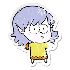 distressed sticker of a cartoon elf girl staring