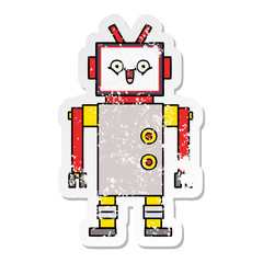 distressed sticker of a cute cartoon happy robot