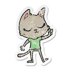 distressed sticker of a calm cartoon cat giving peace sign