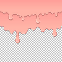 Pink sticky liquid element. Realistic dripping slime isolated object. Background with bubblegum. Popular kids sensory game. Chewing gum flowing repeatable vector illustration. Paint drops and blots