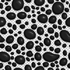 Black drops of slime isolated on transparent background. Realistic petroleum bubbles of different shapes. Seamless pattern with shiny and glossy oil drops. Popular kids relax toy vector illustration.
