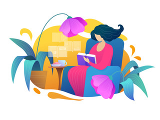 Love reading vector illustration in flat style. Young woman reading book on armchair at home. Intellectual hobby, distance studying and self education poster with female reader. Relaxation with book