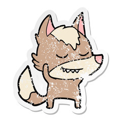 distressed sticker of a friendly cartoon wolf