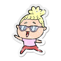 distressed sticker of a cartoon happy woman wearing spectacles