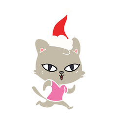 flat color illustration of a cat out for a run wearing santa hat