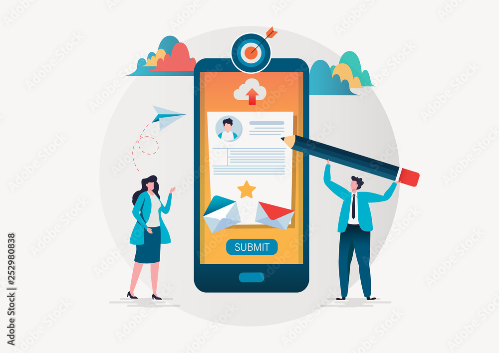 Poster people fill out a form via mobile application. online application. flat vector illustration modern c