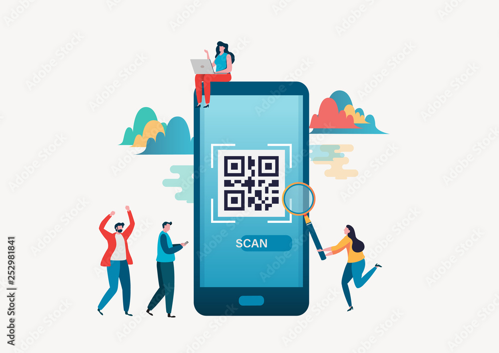 Aufkleber qr code scanning. people scan qr code for payment via smartphone. flat vector illustration modern ch