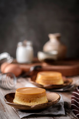 homemade caramel custard pudding with mint