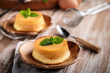 homemade caramel custard pudding with mint